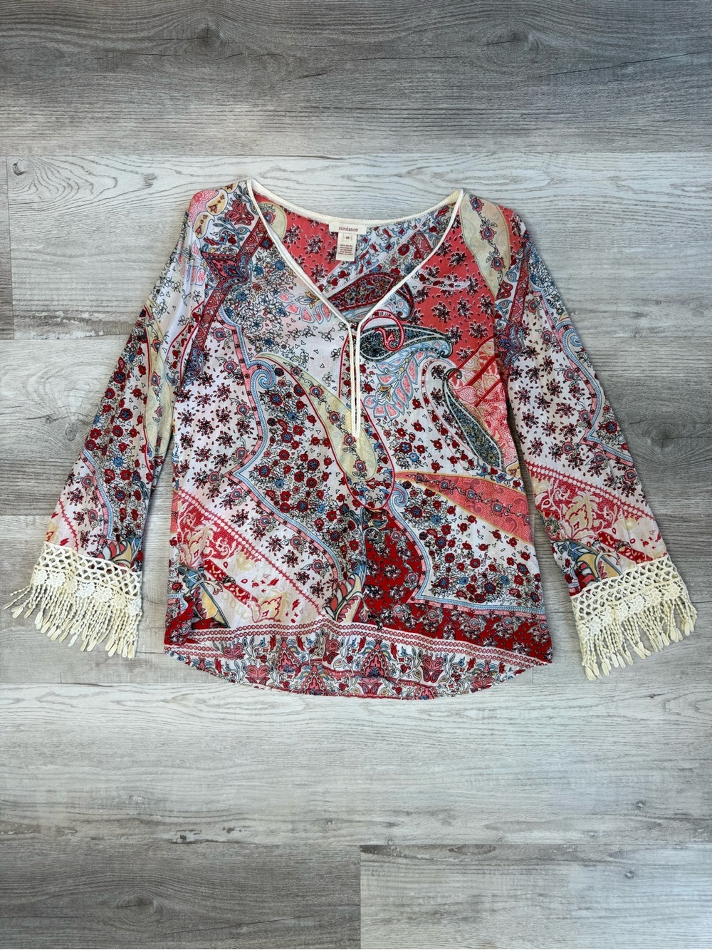 Sundance Terraza Paisley Boho Blouse Crochet Fringe V-Neck Tunic Top Size M - Picture 4 of 12